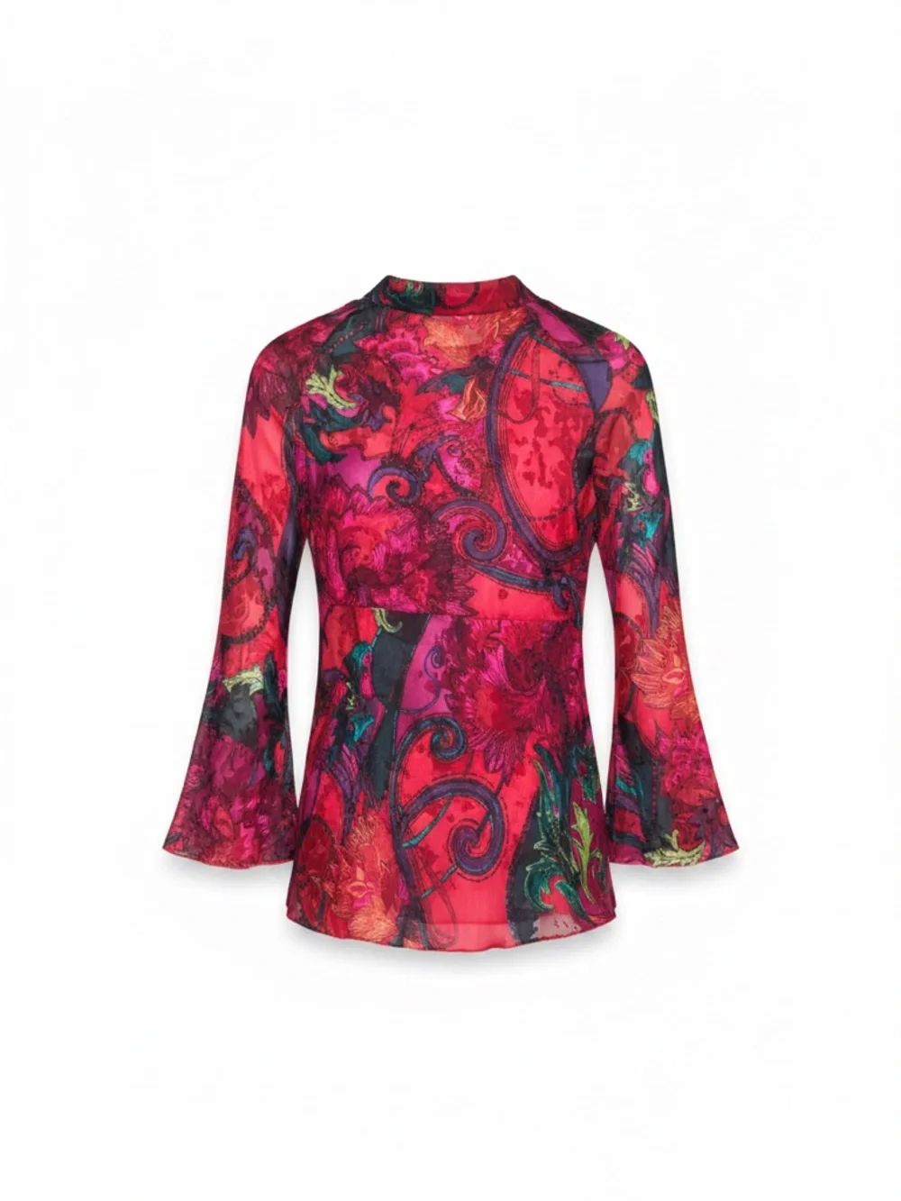 Chico's Poetcore Fuchsia & Black Floral V-Neck Long-Sleeve Blouse 40% Silk - Picture 3 of 5